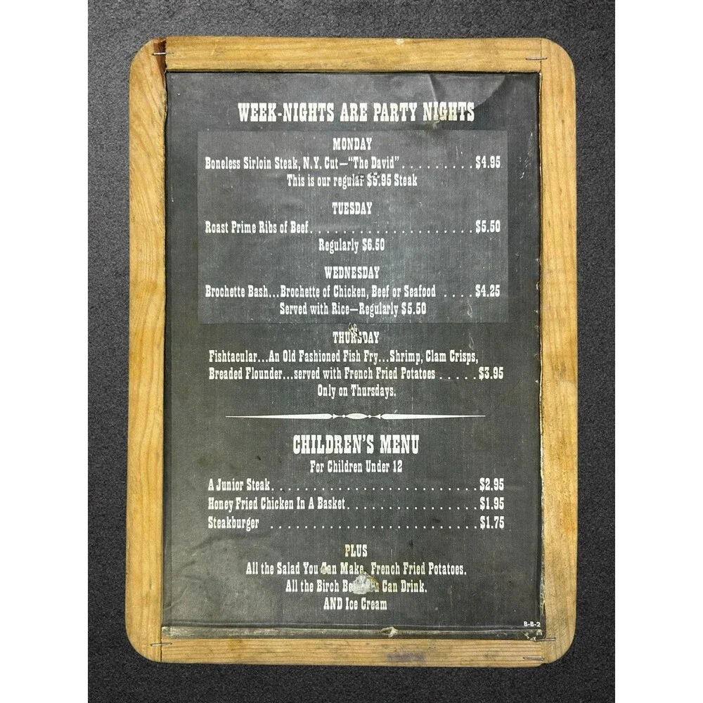 Vintage 1970’s Steak & Brew Restaurant Menu - Wood Frame Paper On Slate